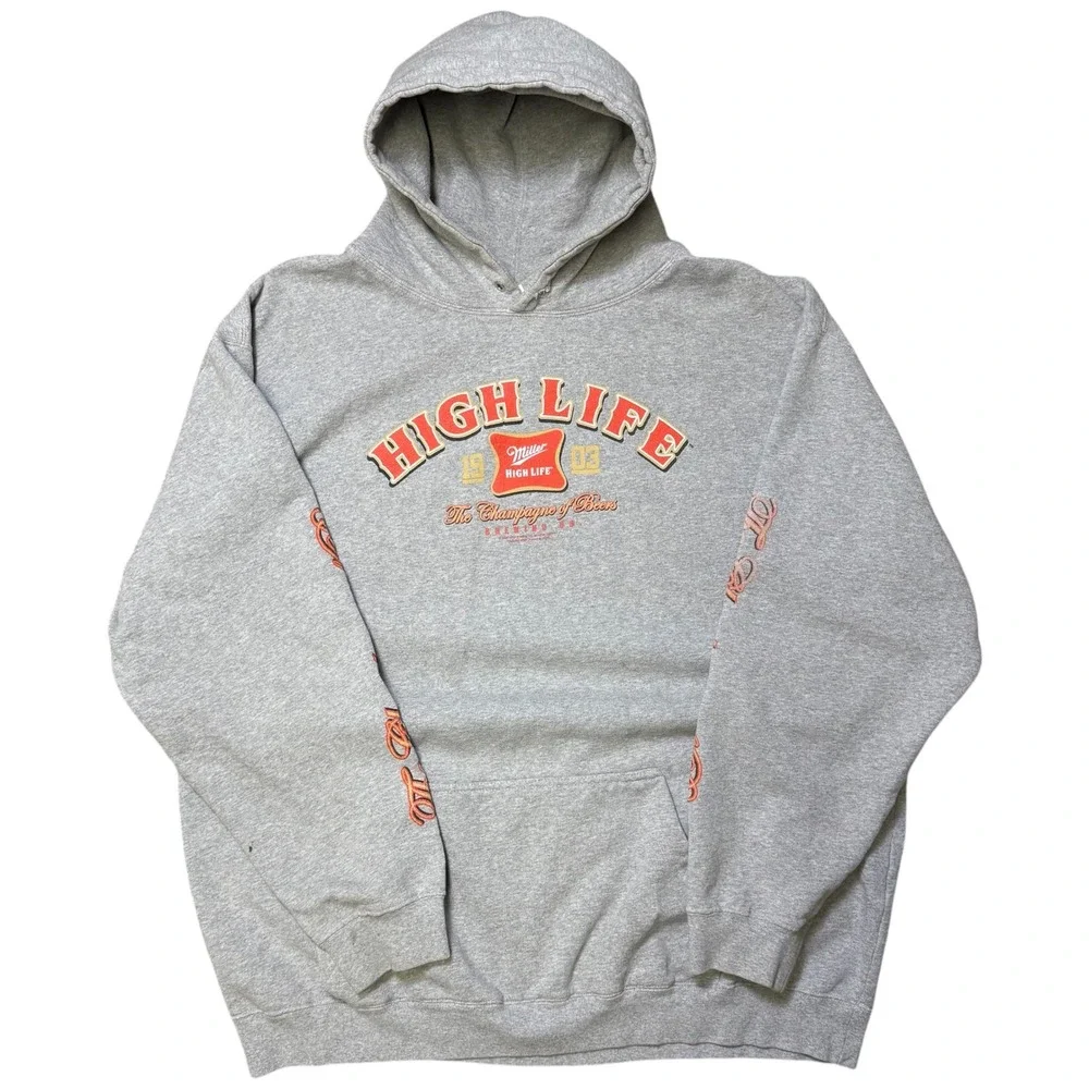 Y2K Miller High Life Hoodie Mens XL Gray Beer Graphic Pullover Sweatshirt